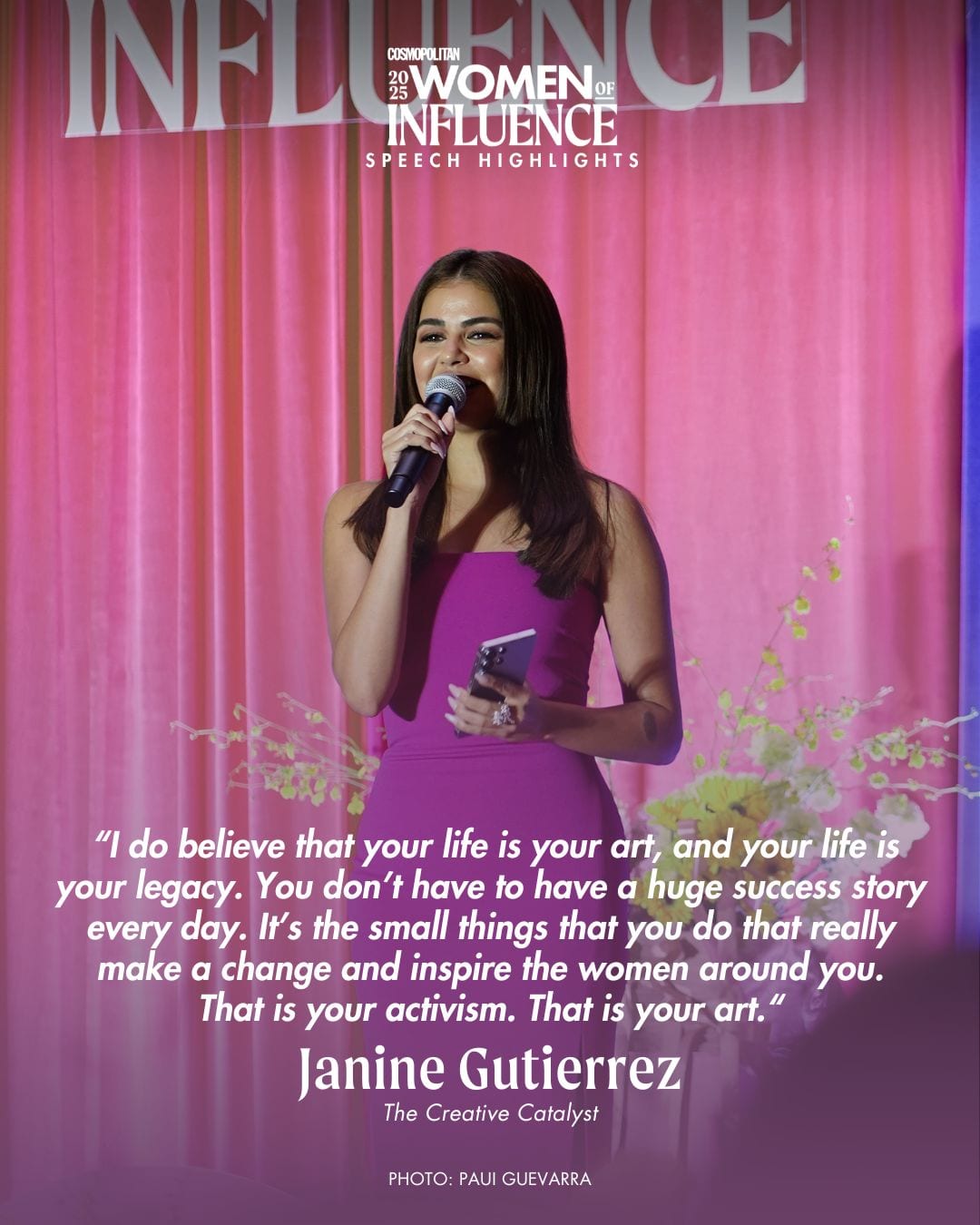Cosmopolitan Philippines' Women of Influence 2025 awardee janine gutierrez giving her speech